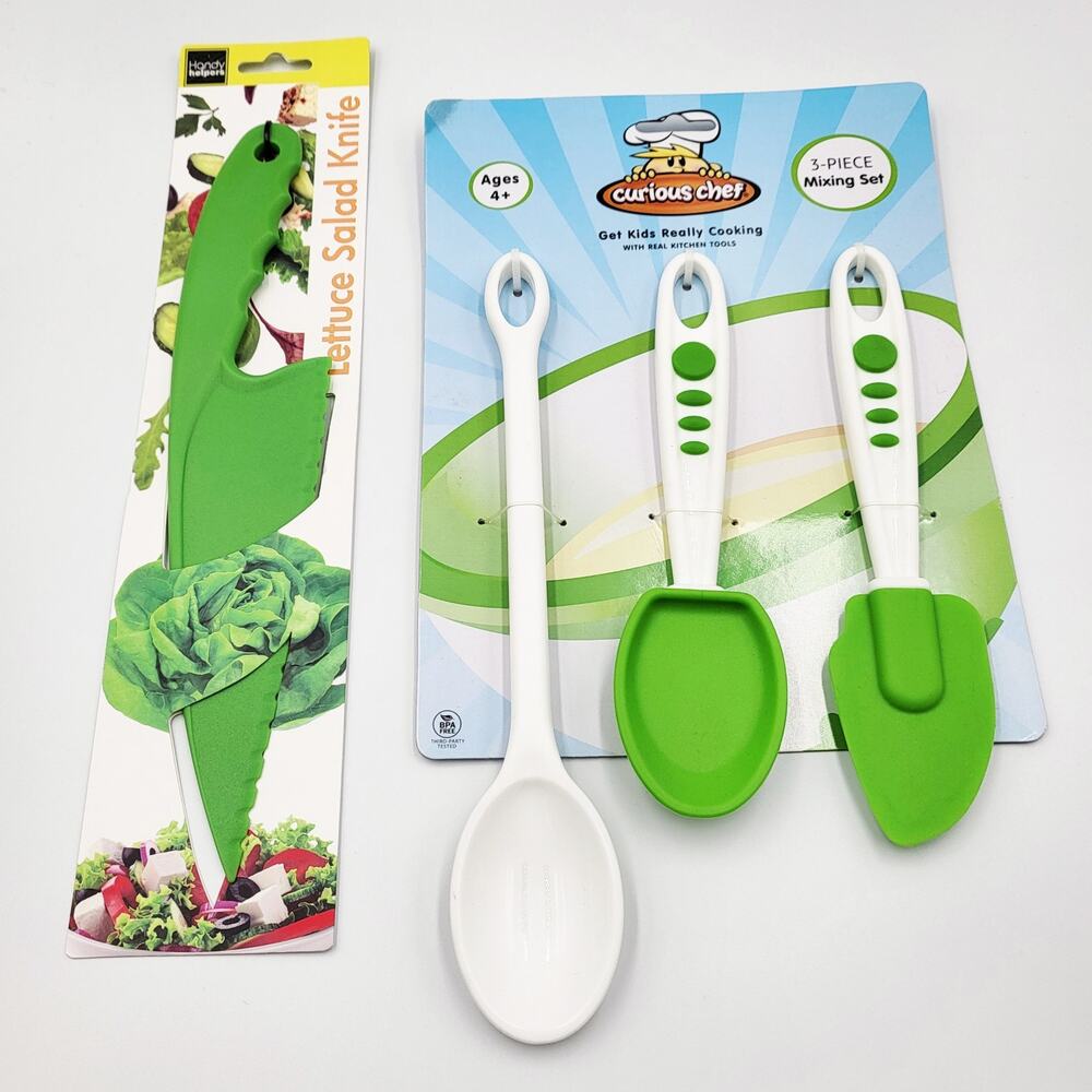 NWT Youth Cooking Utensils Mixing Set & Plastic Salad Knife Green & White Unisex